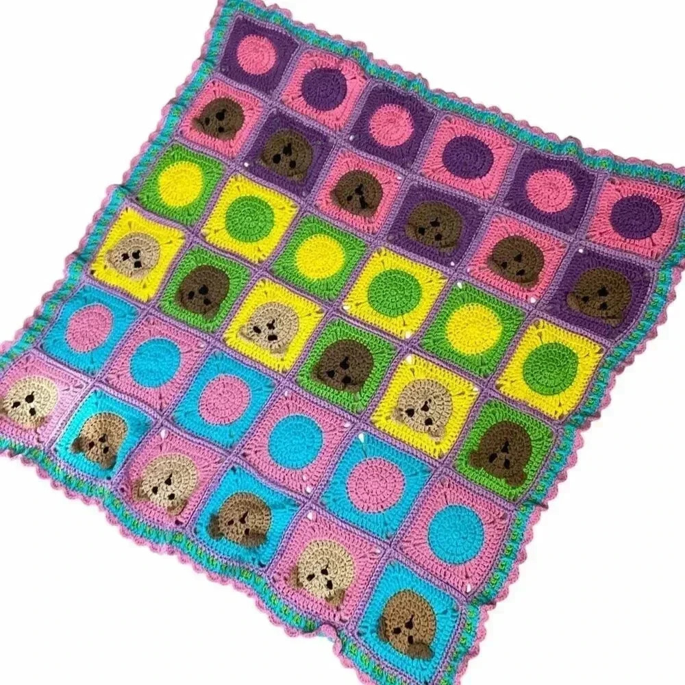 Handmade Crochet Teddy Bear Granny Square Baby Nursery Afghan Blanket 45x45 - Picture 4 of 6